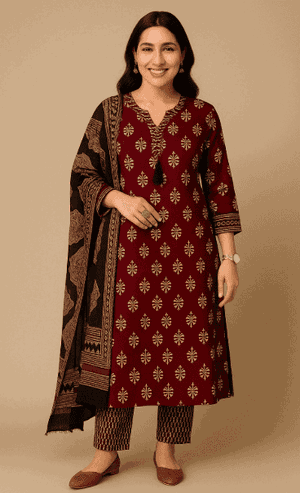 Pure fine Cotton fabric Kurti with Pant with cotton Dupatta & Neck Hand work  Image