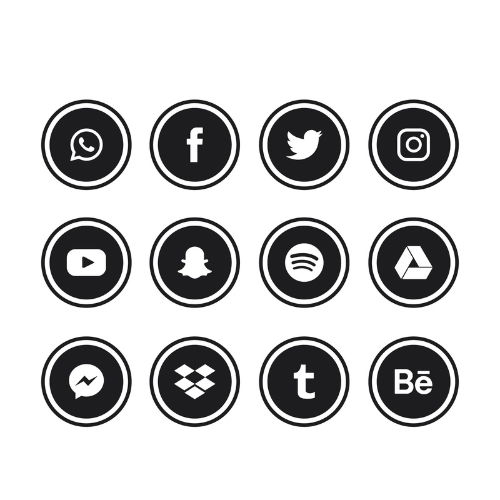 Black and white circular icons representing popular social media platforms like Facebook, Twitter, Instagram, WhatsApp, YouTube, and more, symbolizing social media management services, content scheduling, engagement, and brand presence optimization.