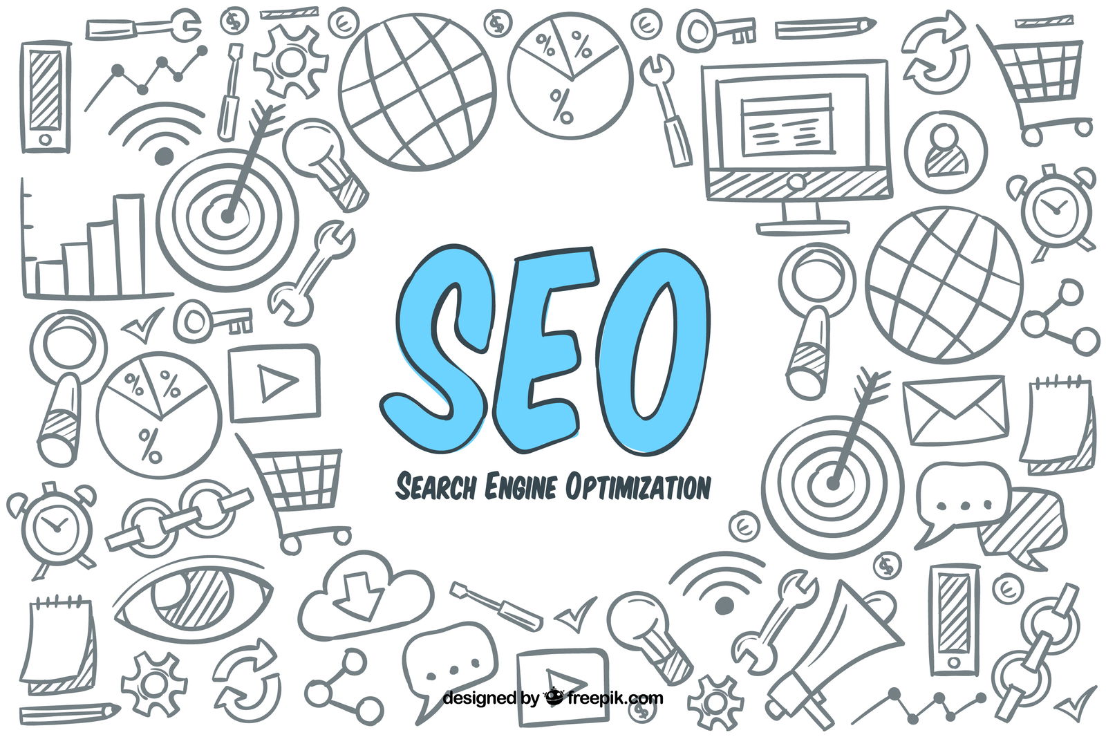 Illustrated SEO (Search Engine Optimization) concept with hand-drawn icons representing digital marketing, analytics, website ranking, keyword optimization, and online growth strategies, emphasizing the importance of SEO for social media and web visibility.