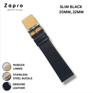 22mm & 20mm Black Slim Leather Watch Straps for Gents and Ladies 20 MM 22 MM Image