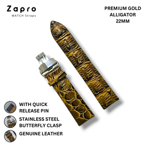 Zapro 22mm Premium Gold Alligator Pattern Leather Watch Strap 22 mm