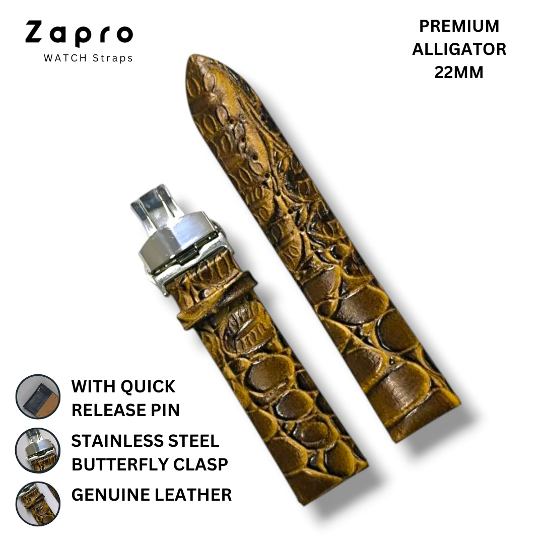 Zapro 22mm Premium Gold Alligator Pattern Leather Watch Strap 22 mm Image