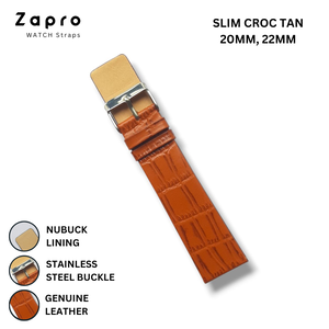 22mm & 20mm Tan Crocodile Slim Leather Watch Straps for Gents and Ladies 22 MM 20 MM Image
