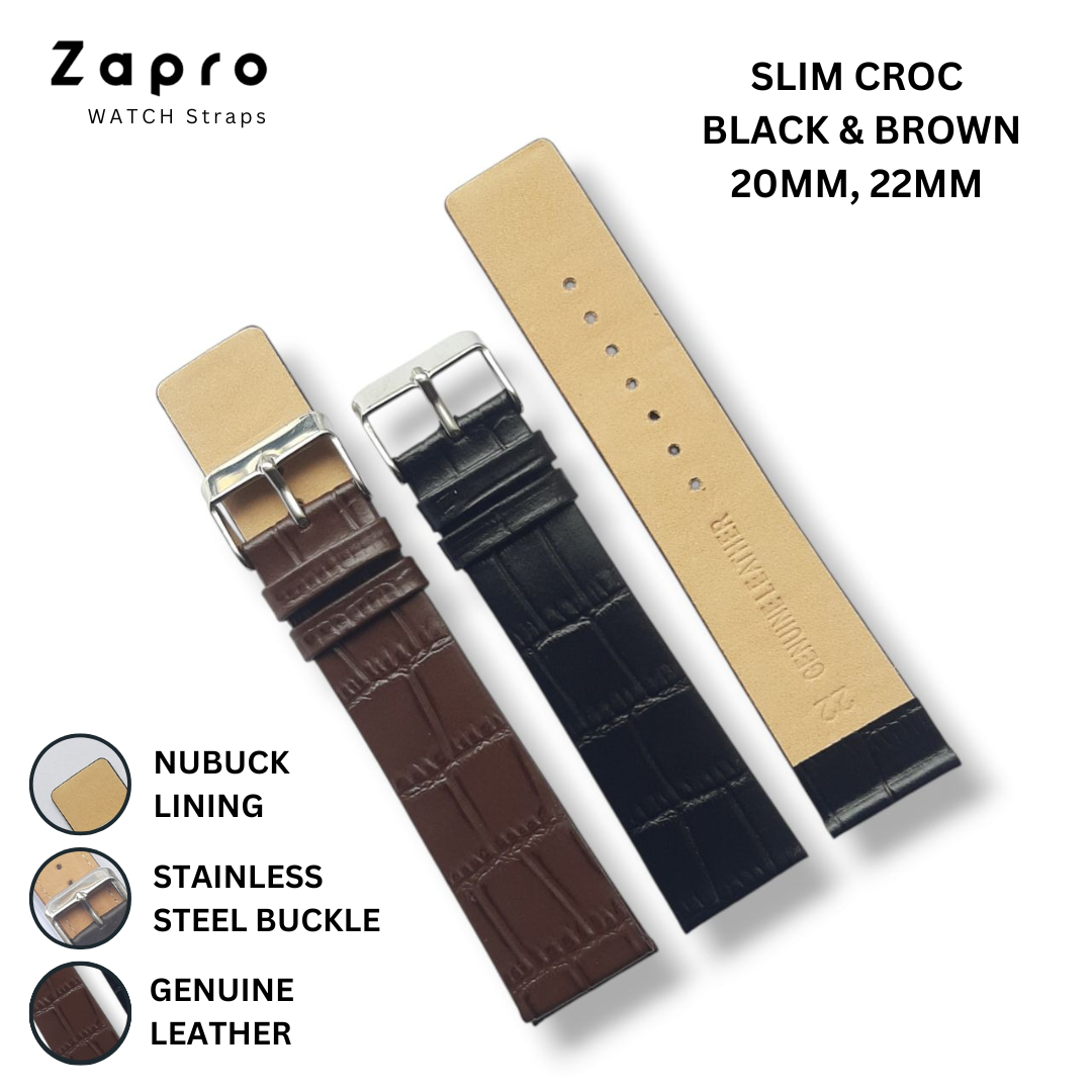22mm & 20mm Black & Brown Crocodile Slim Leather Watch Straps for Gents and Ladies 20 MM 22 MM Image