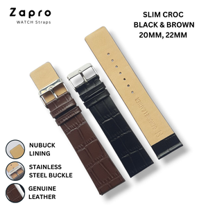 22mm & 20mm Black & Brown Crocodile Slim Leather Watch Straps for Gents and Ladies 20 MM 22 MM Image