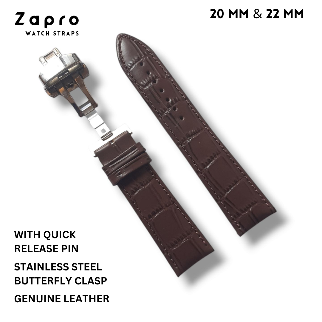 22MM & 20MM Brown Croco Leather Watch Strap with Butterfly Clasp 20 mm 22 mm Image