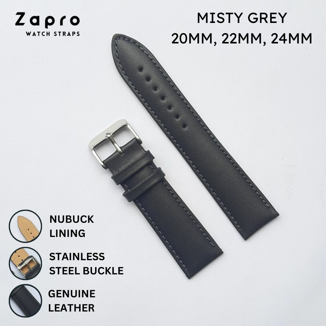 20MM, 22MM & 24MM Grey Padded Genuine Leather Watch Straps for Men 20 MM 22 MM 24 MM Image
