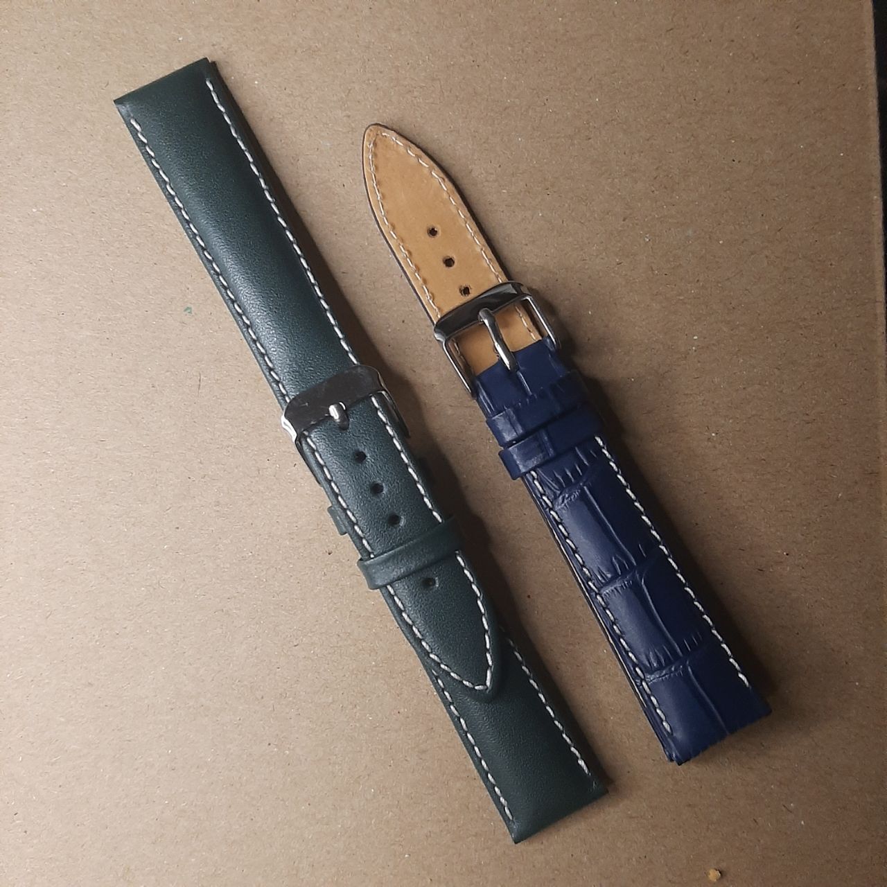 18mm Elegant Green & Croc Blue Half -Padded Leather Watch Strap – Vintage-Inspired Elegance  Image