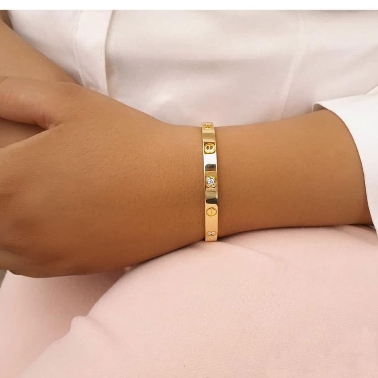 Luxury Gold-Plated Screw Motif Bangle with Cubic Zirconia Accents