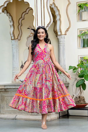in MultiBeautiful Heavy Cotton Fabric Printed Pink Full Gown Colour Image