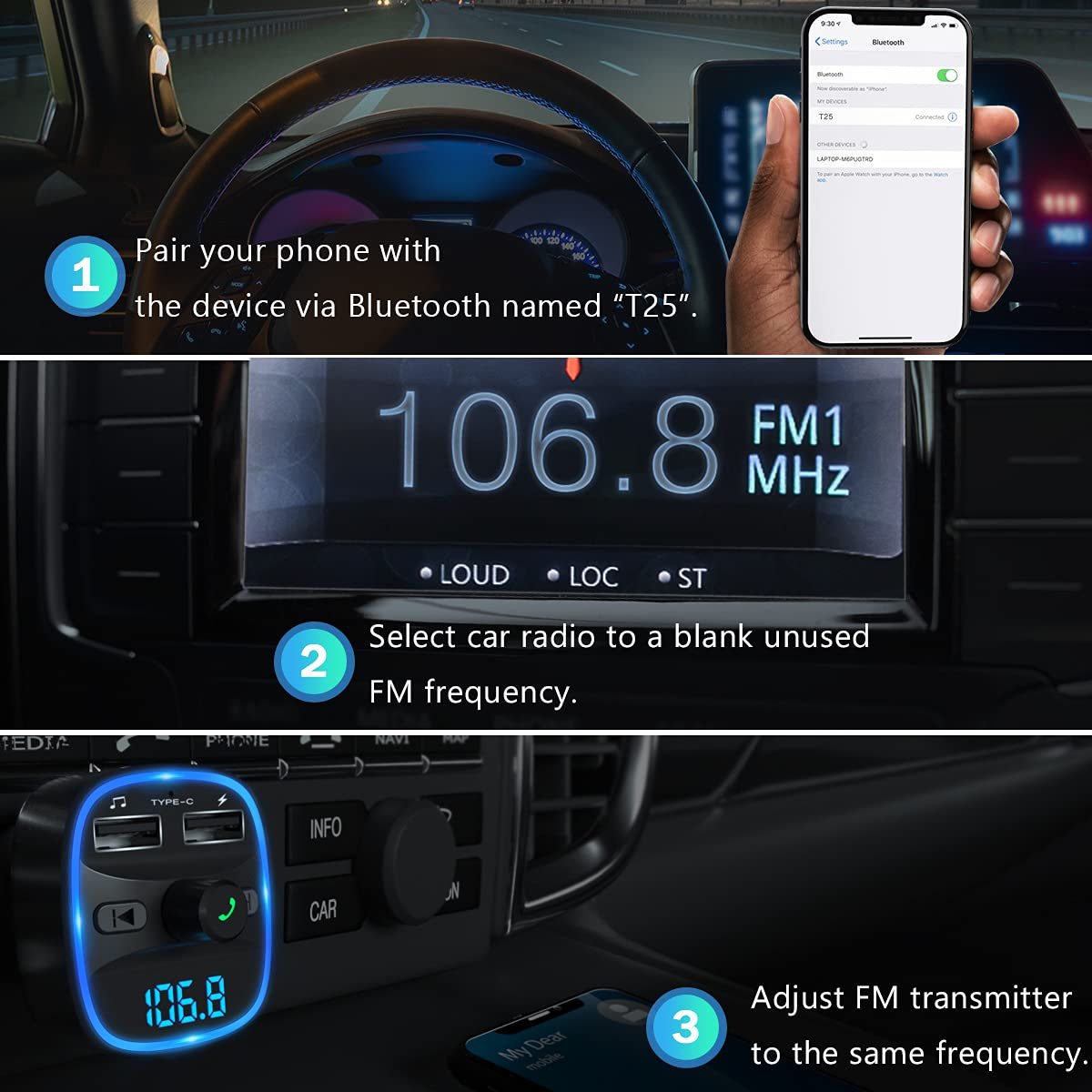 FM Transmitter Bluetooth FM Transmitter Wireless Radio Adapter Car Kit with Dual USB Charging Car Charger MP3 Player Support TF Card & USB Disk