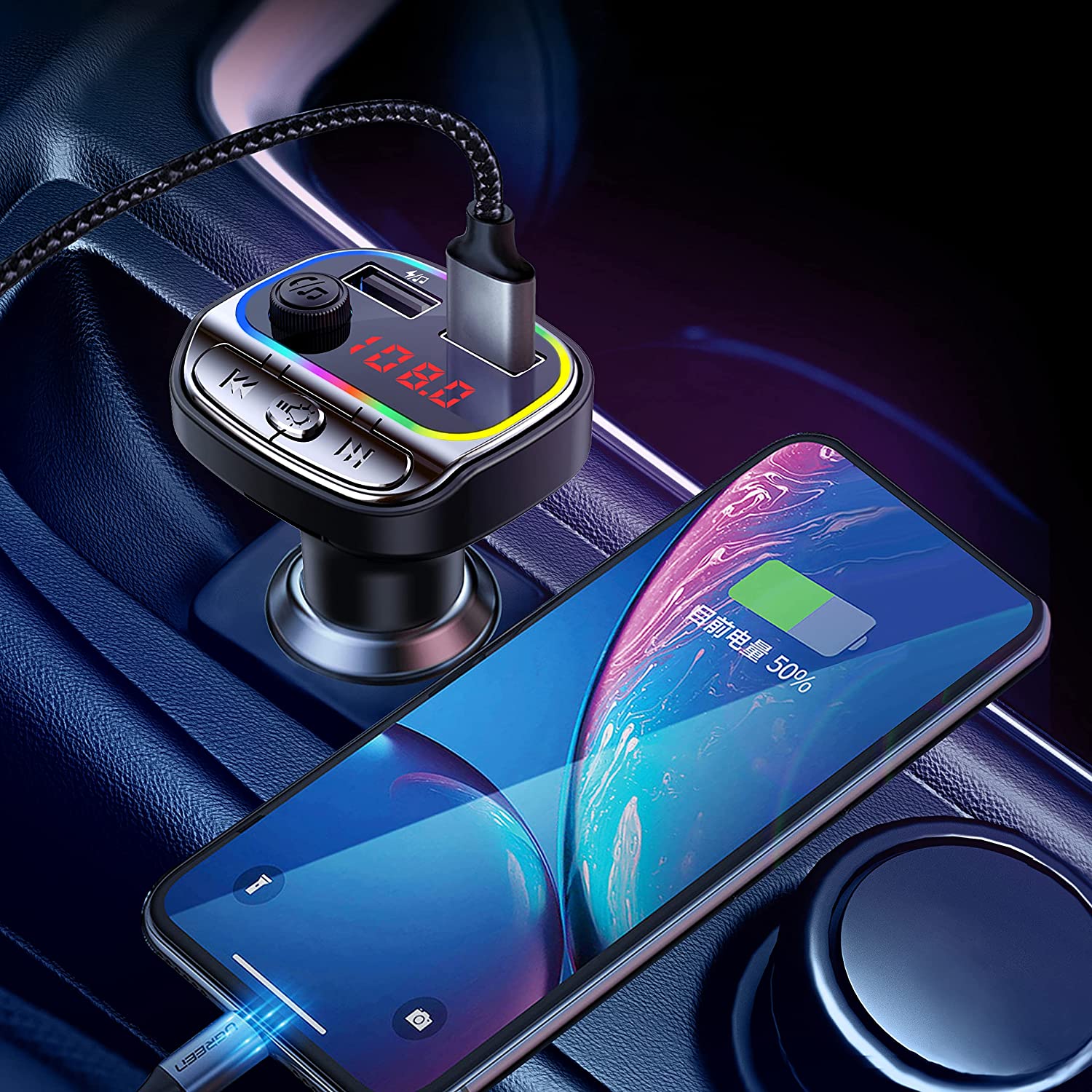 C21 Bluetooth FM Transmitter Hands-free Call U-Disk TF Music Player Car MP3 Dual USB Charger with Colorful Light Image 