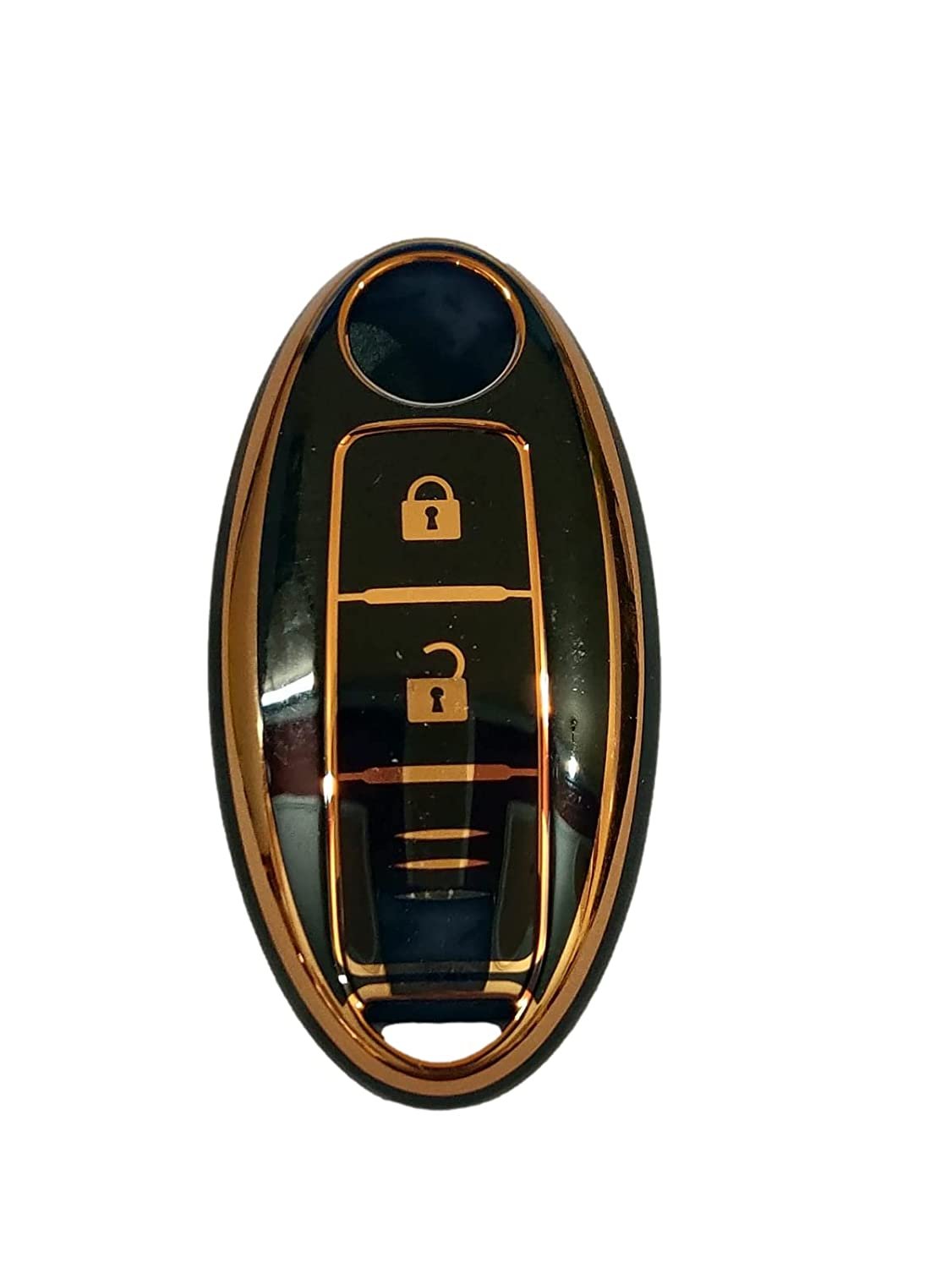 TPU Carbon Fiber Style Car Key Cover Compatible with Nissan Micra, Sunny, Teana, Magnite 3 Button Smart Key(Golden/Black) Image