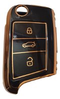 TPU Carbon Fiber Style Car Key Cover Compatible with Polo Vento Jetta Ameo Passat and Skoda Rapid Laura Superb Octavia Fabia Yeti (Gold Black) Image 