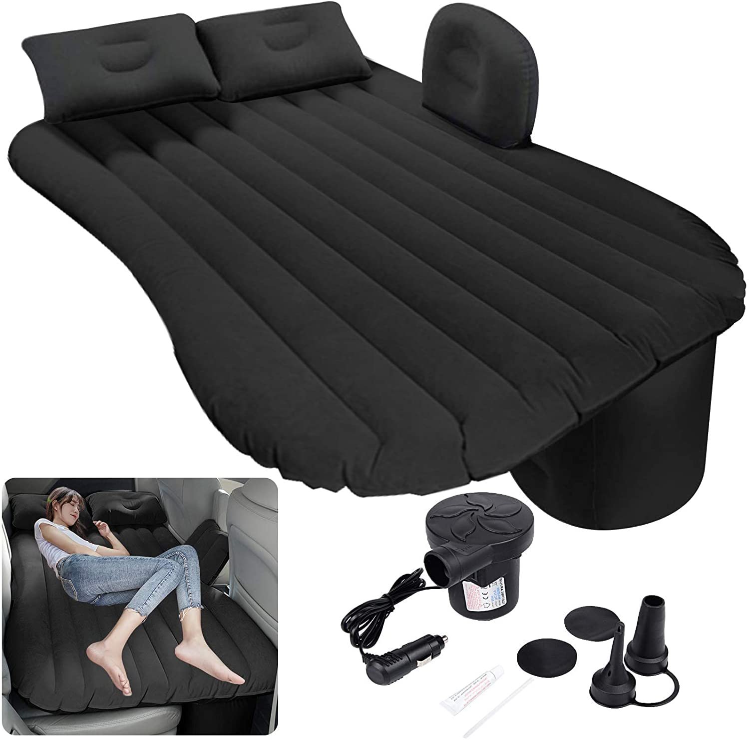 Car Bed Mattress Universal Car Back Seat Travel Air Inflation with Two Pillows, Air Pump and Repair Kit (Black) Image 