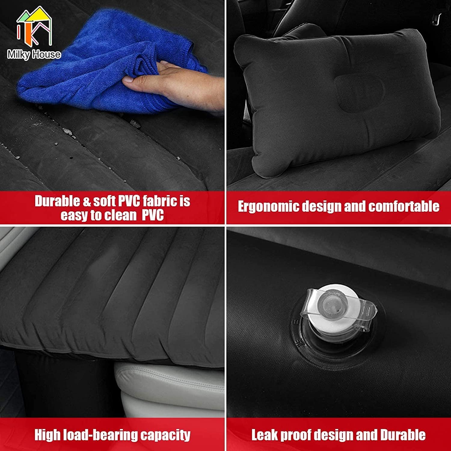 Car Bed Mattress Universal Car Back Seat Travel Air Inflation with Two Pillows, Air Pump and Repair Kit (Black)