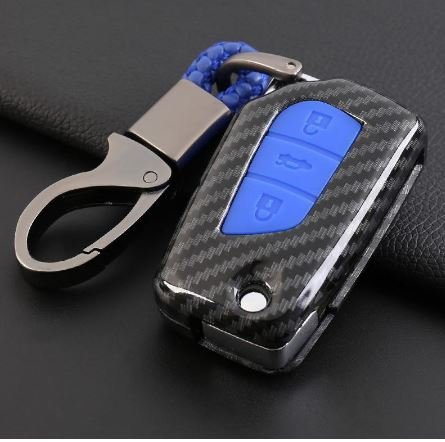  Carbon Fiber Key Fob Cover Shell Keyless Key Hard Case with Keychain for Toyota Innova Crysta (Blue, For Push Button Only) Image