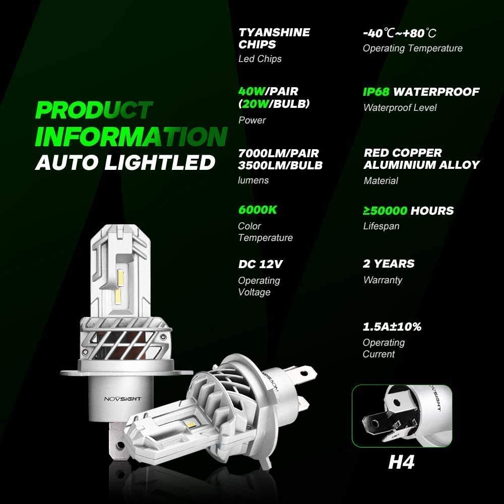 Novsight N35 H4 High/Low LED Headlight Bulbs - Extremely Bright 40W 7,000Lumens 6,000K Cool White Lights- 1:1 Original Halogen Mini Size Design Image 