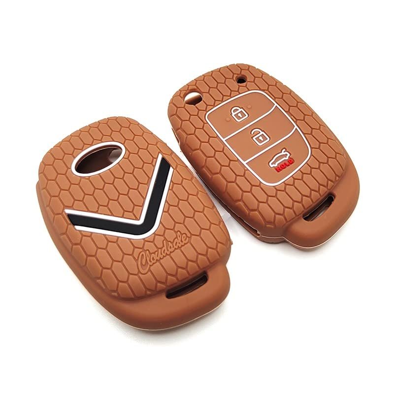 Silicone Key Cover compatible with Venue Aura Elite i20 Grand i10 Nios Xcent 3 Button Flip Key (Brown)