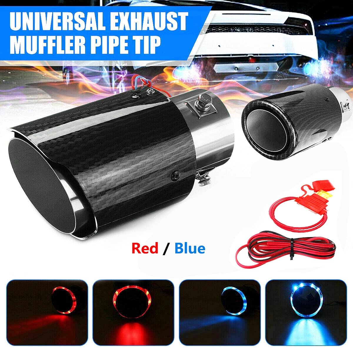 Blue Flame Led Exhaust Muffler Tip Carbon Fiber Car Tail Pipe Light 2.5 Inch Inlet 4 Inch Outlet - Straight Style