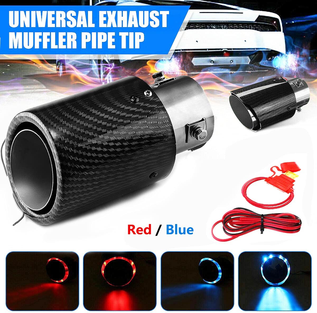 Blue Flame Led Exhaust Muffler Tip Carbon Fiber Car Tail Pipe Light 2.5 Inch Inlet 4 Inch Outlet - Rolled Style