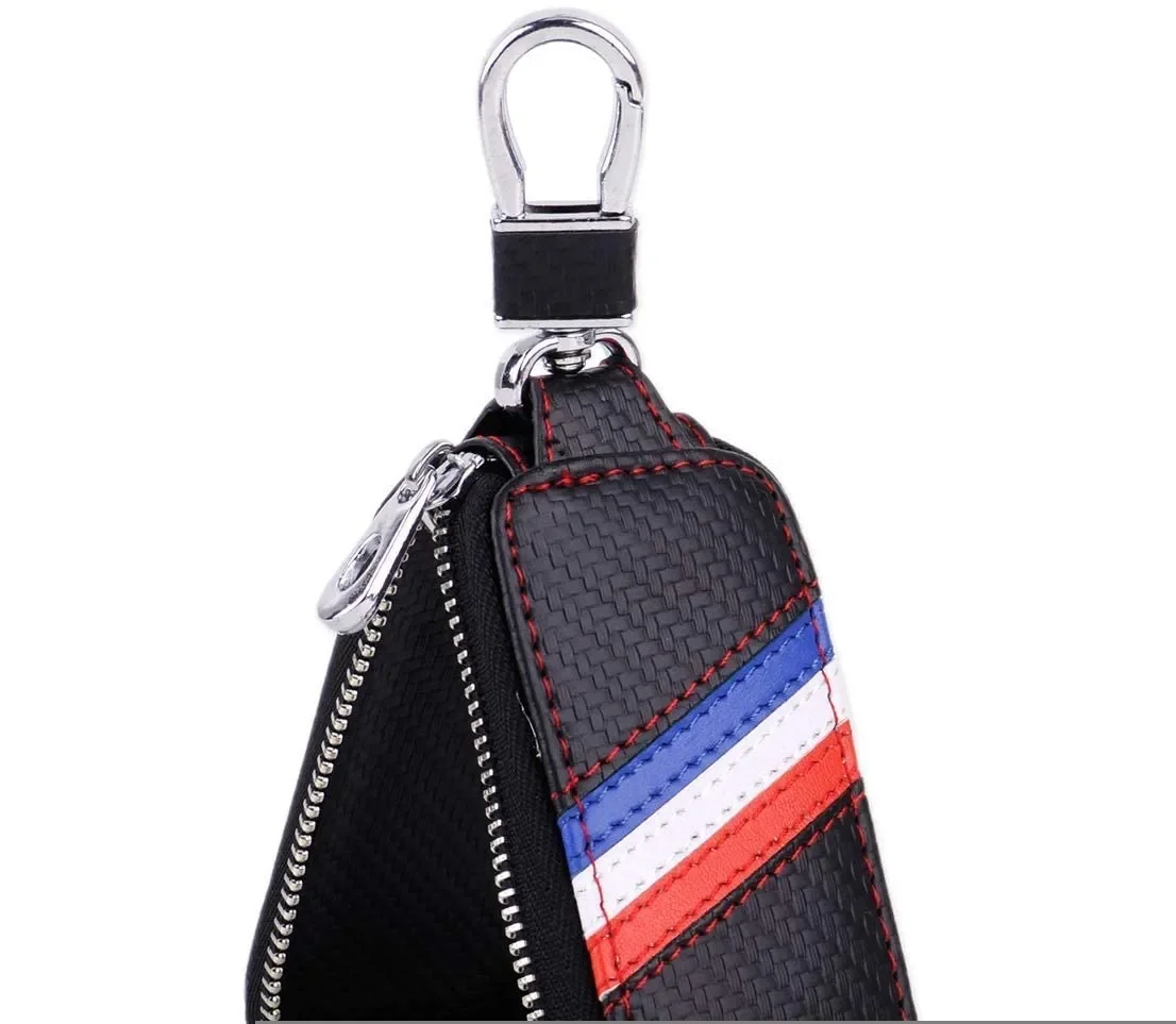 Car Key FOB Holder Protector case key Bag Wallet Cover Smart Key Chain with Metal Hook and zipper with Universal Fit (Blue/White/Red Striped) Image 