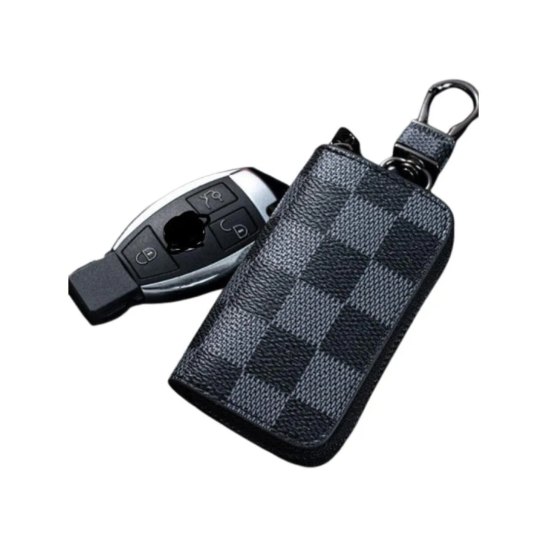 Car Key FOB Holder Protector case key Bag Wallet Cover Smart Key Chain with Metal Hook and zipper with Universal Fit (Black Checkbox) Image