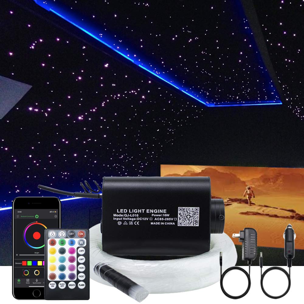  16W Fiber Optic Star Ceiling Light Kit RGBW APP+Music Control Sound Sensor Light Source with 28key RF Musical Remote and Fiber Cable 380Pcs 0.75mm 9.8ft/3m for Car and Home Image