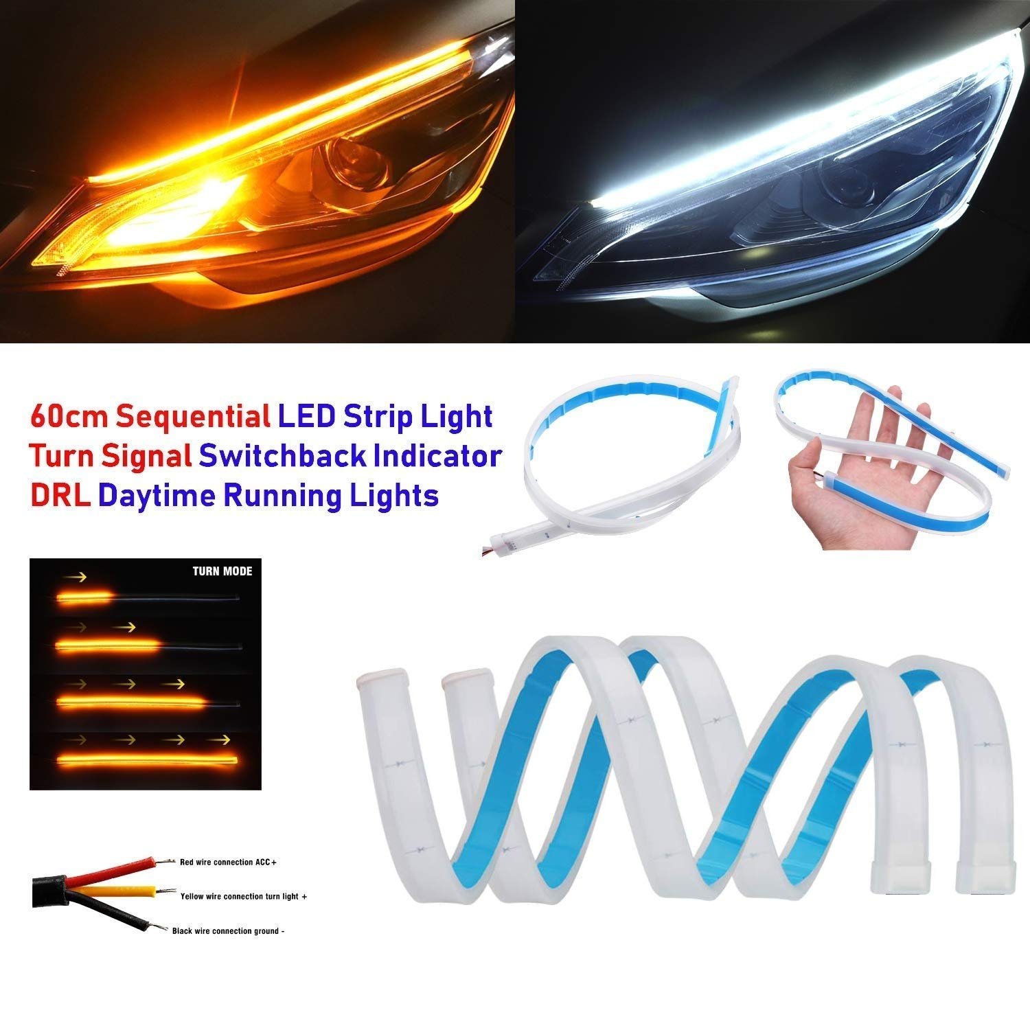 Cloudsale 60 cm Flexible White DRL Light for Cars & Bikes Yellow Indicator with Turn Sequential Flow with Adaptor (60 cm, Set of 2 Pieces)