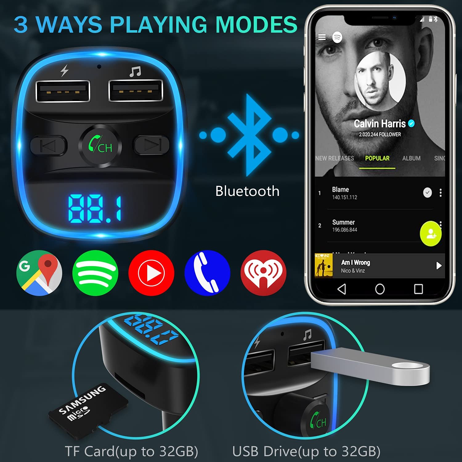 FM Transmitter Bluetooth FM Transmitter Wireless Radio Adapter Car Kit with Dual USB Charging Car Charger MP3 Player Support TF Card & USB Disk Image 
