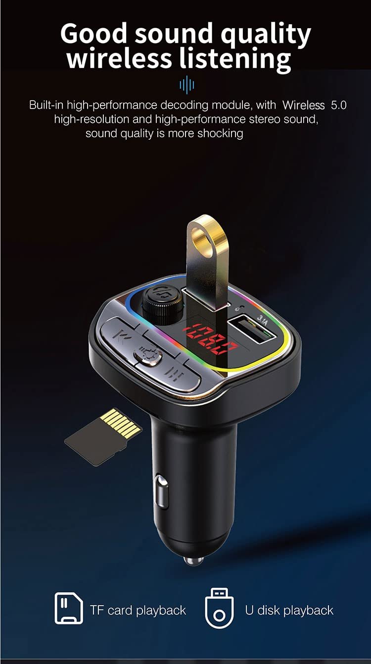 C21 Bluetooth FM Transmitter Hands-free Call U-Disk TF Music Player Car MP3 Dual USB Charger with Colorful Light Image 