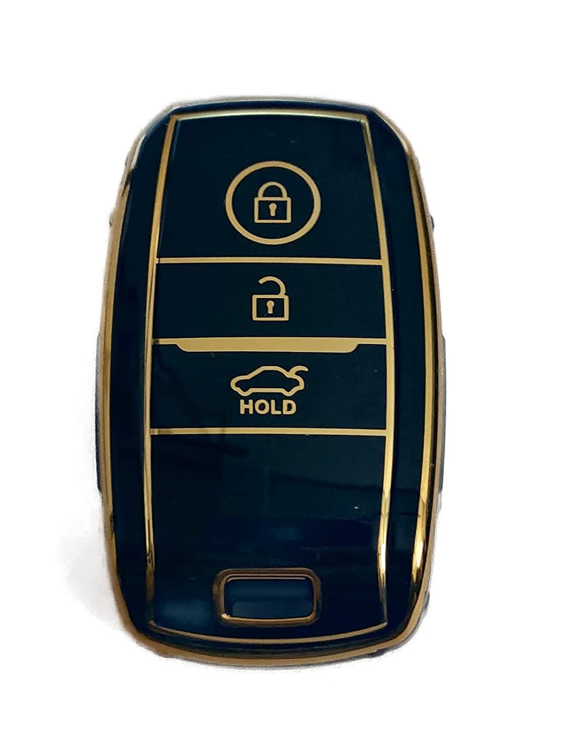TPU Carbon Fiber Style Car Key Cover Compatible with Kia Seltos 3 Button Smart Key (Gold/Black) Image 