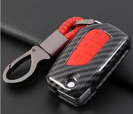 Carbon Fiber Key Fob Cover Shell Keyless Key Hard Case with Keychain For Toyota Innova Crysta (Red, For Push Button Only) Image 