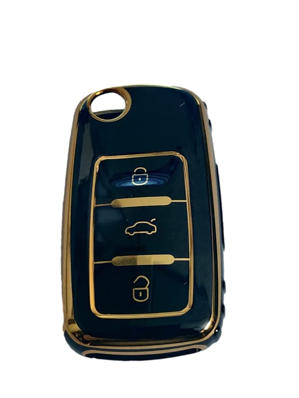 TPU Carbon Fiber Car Key Cover Compatible with Volkswagen Polo Vento Jetta Ameo Passat Skoda Rapid Laura Superb Octavia Fabia Yeti Folding Key (Black) Image 