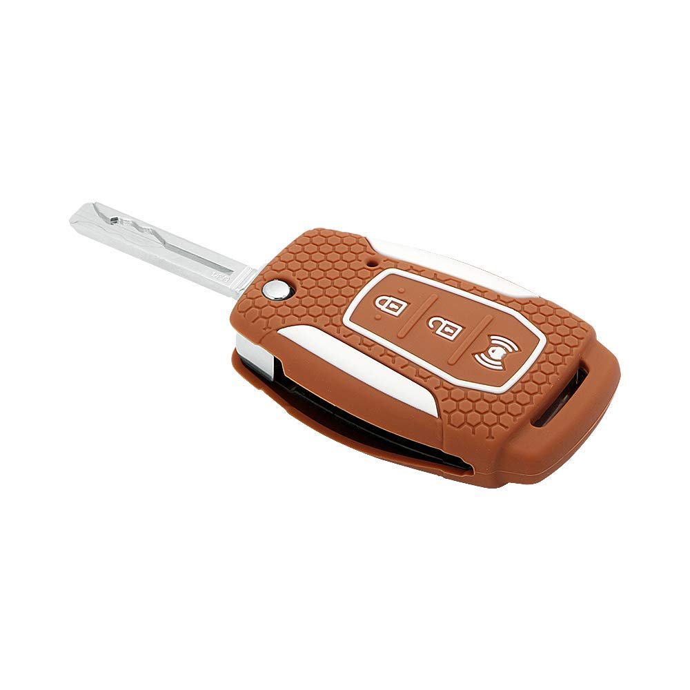 Silicone Car Key Cover Compatible with Mahindra XUV300, Alturas G4 Flip key- Brown Image 