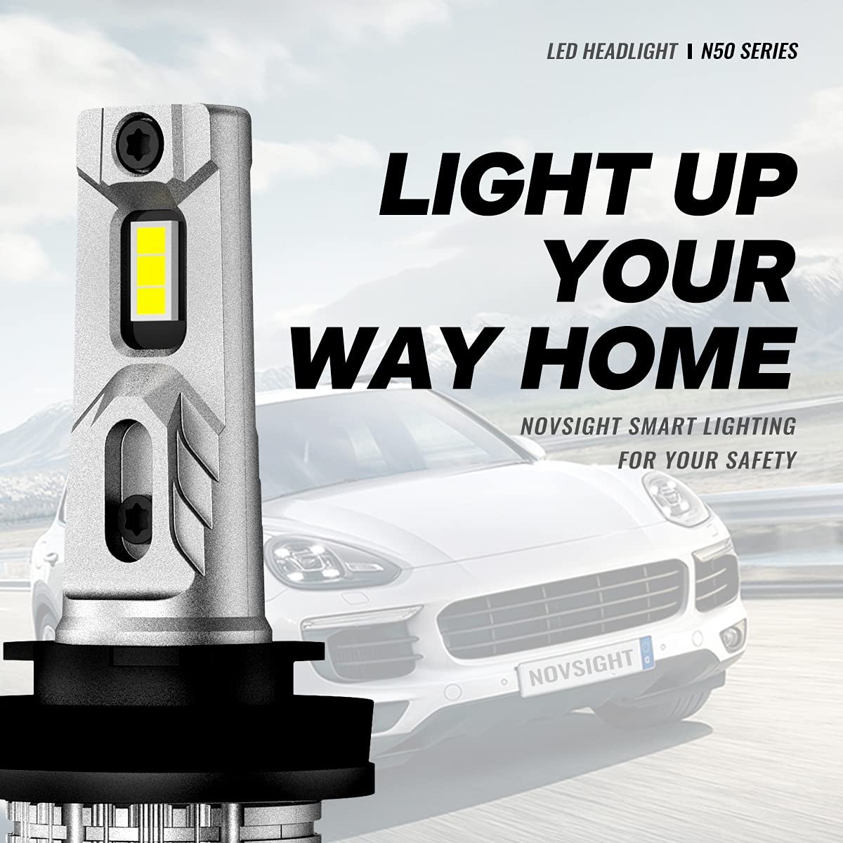 NOVSIGHT A500-N50 Car LED Headlights Bulbs 15000LM/pair 70 watts/pair 6500K 1 Year Warranty (H4, Pack of 2) Image 