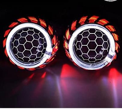 Autoki 2.5 Inch Honeycomb Blue Bixenon Projector Lens Mini H1 Car Headlight with White Devil Eyes Retrofit For H4 H7 Car/Bike (Blue) with Blasters & Hid Bulb  with Shrouds Image 