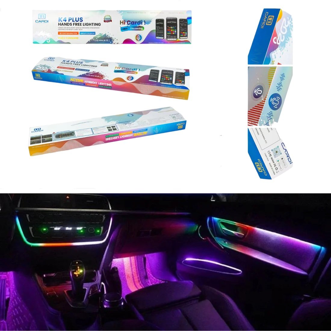 Cardi K4 Active 7th Generation Symphony 6 in1 wireless LED Atmosphere Lights for Automotive Car Interior Ambient acrylic strips lighting Voice Command Control Image 