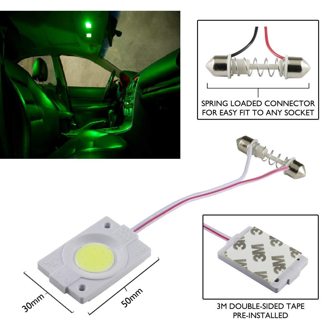 2.4W COB LED Interior Car Dome Light (Green, 12V, 1 Piece) Image 