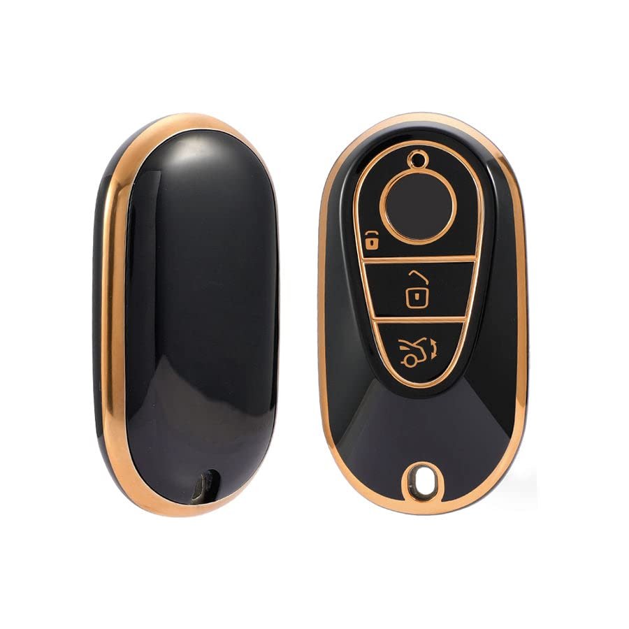 Glossy TPU Car Key Cover Compatible For Benz S-Class G-Class E-Class 2022 Onwards 3 Button Smart Key (Black/Golden) Image 