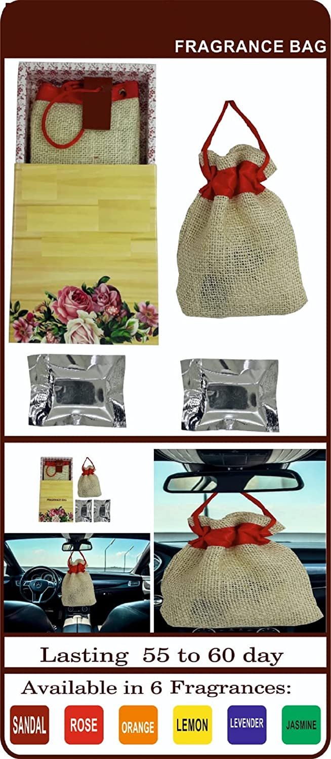Car Jute Bag Hanging Air Freshener | Use Anywhere Air Freshener-Bathrooms, Wardrobes, Car (Rose) Image 