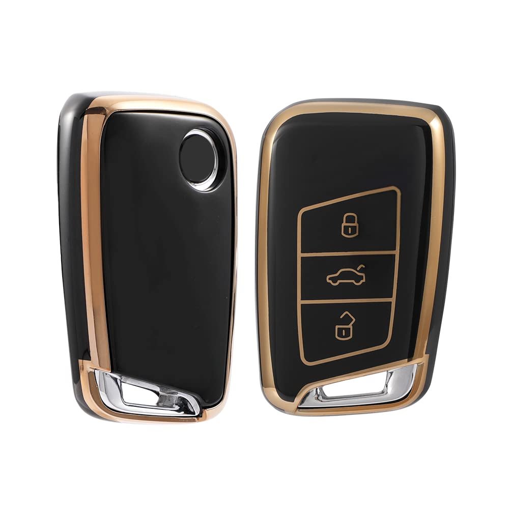TPU car Key Cover Compatible with Tiguan Jetta Passat Polo Vento Ameo Passat Rapid Laura Superb Octavia Fabia Yeti 3 Button Smart Key (Gold Black) Image 