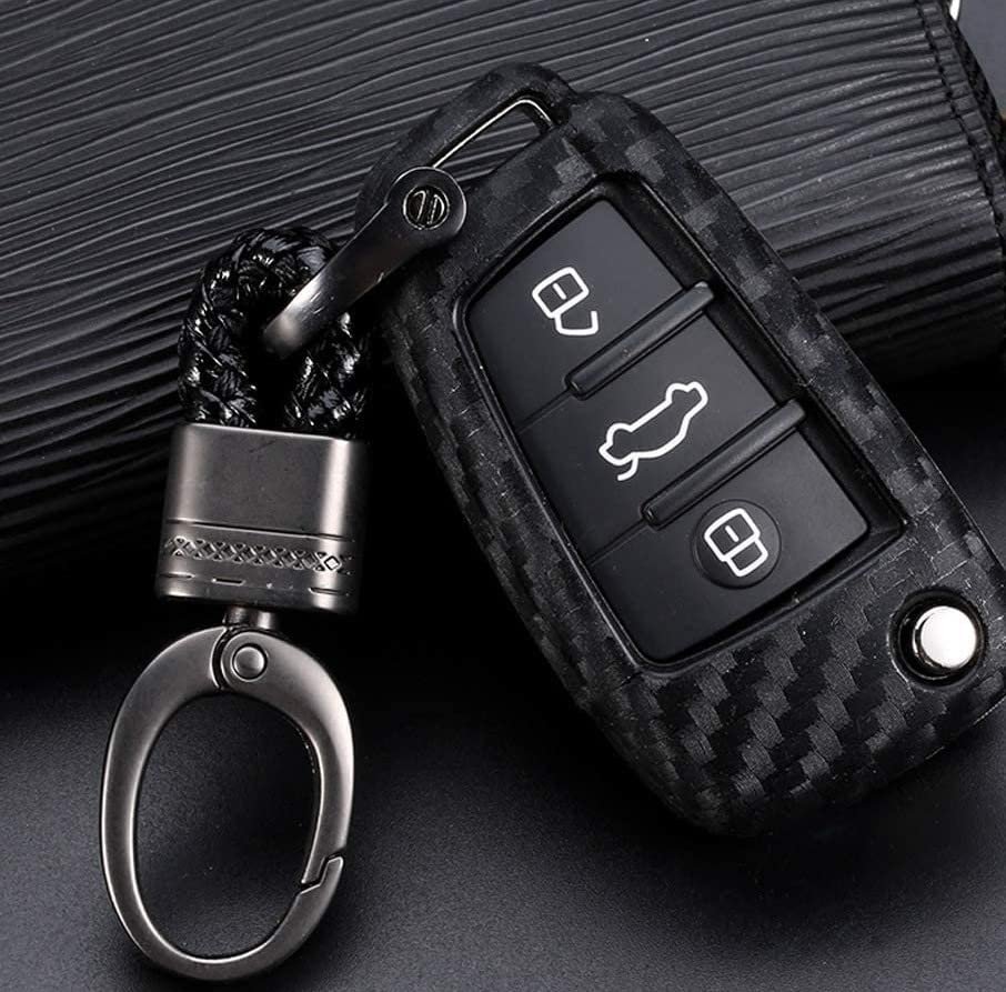  3 Buttons Carbon Fiber ABS Hard Shell Flip Remote Key Fob case Cover For A1 A3 A4 A5 A6 Q2 Q3 Q7 TT S3 R8 Accessories, with Keychain key cover Image 