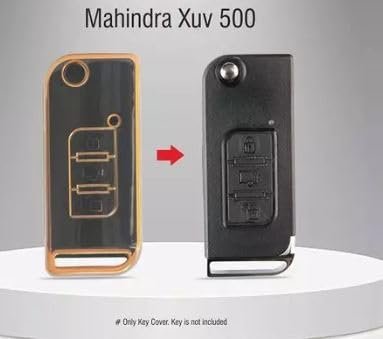 TPU Car Key Cover Compatible with Mahindra XUV-500 Flip Key (Gold/Black) Image 