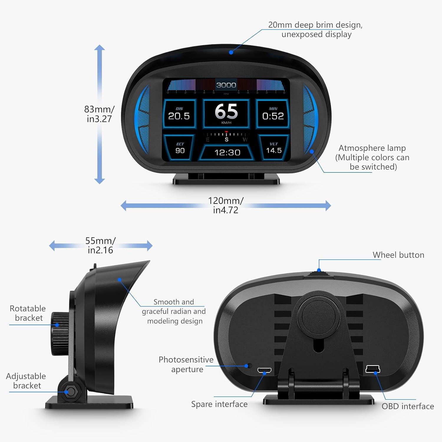 P2 3inch Multi-function HD OBD LCD Instrument GPS Car Speed Slope Meter HUD Head-up Display. Image 