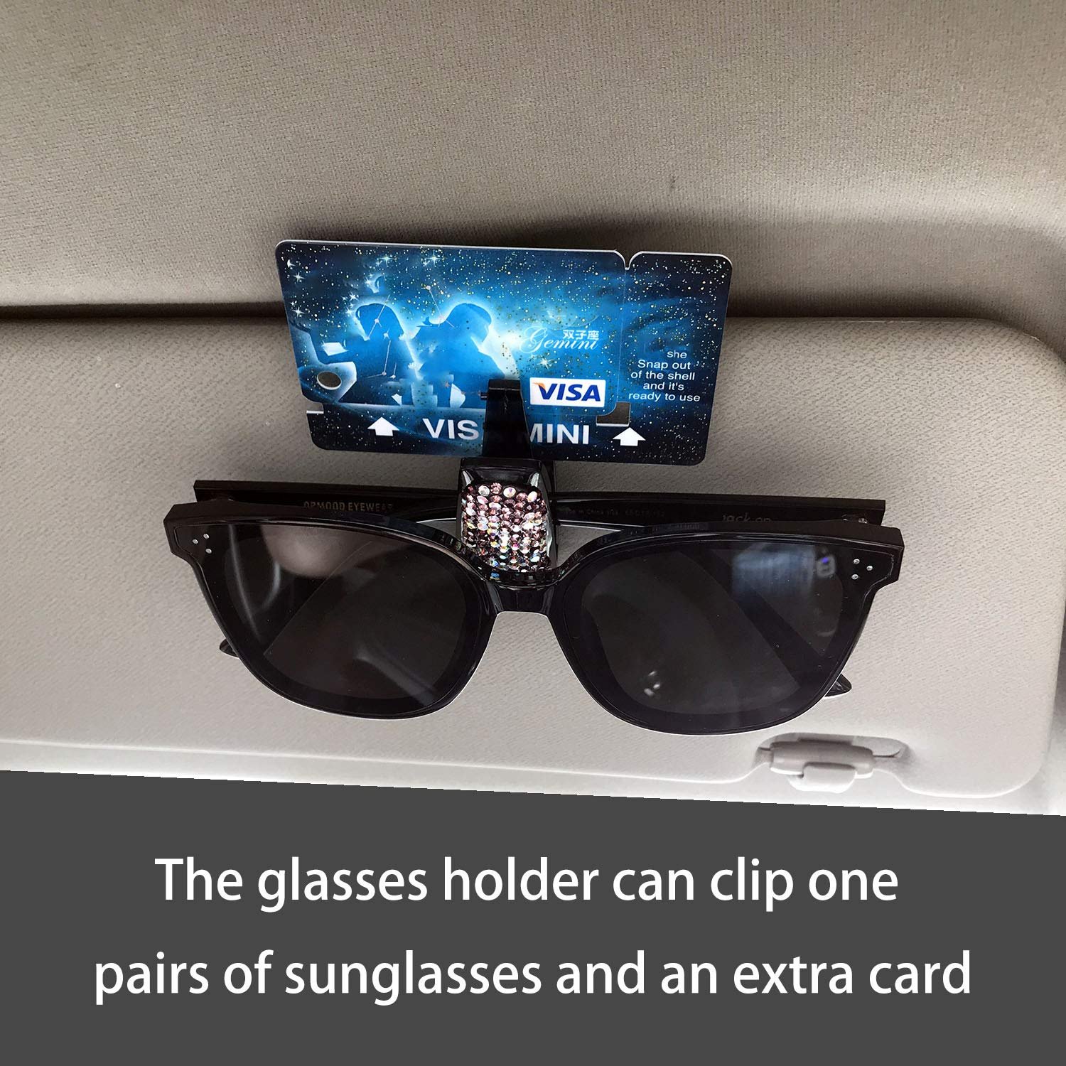 Glasses Holders For Car Sun Visor, Bling Crystal Rhinestones Fashion Car Eyeglasses Sunglasses Hanger Mount with Ticket Card Clip For Women Girls (Silver)(Pack of 2) Image 