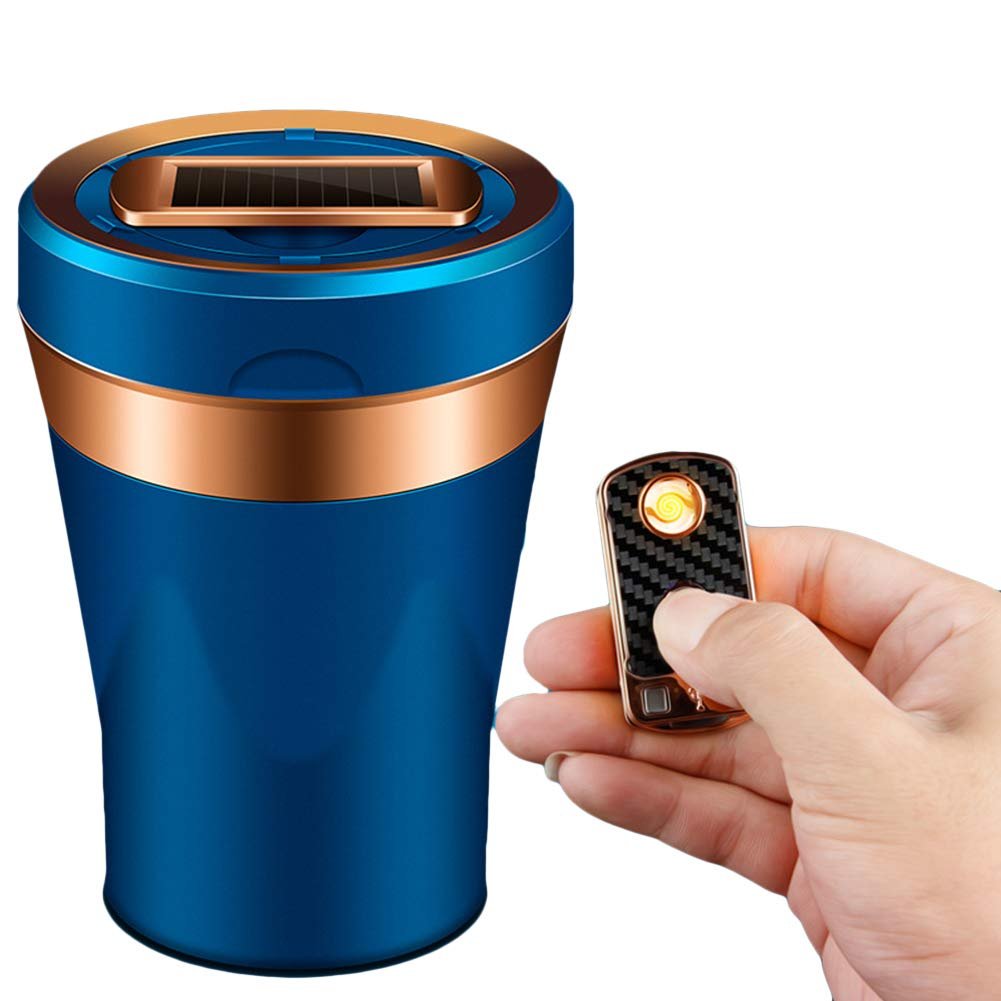 Car Ashtray Electronic Cigarette Lighter Detachable Solar Powered/USB Rechargeable with Lid Blue LED Light For Most Car Cup Holder (Blue) Image 