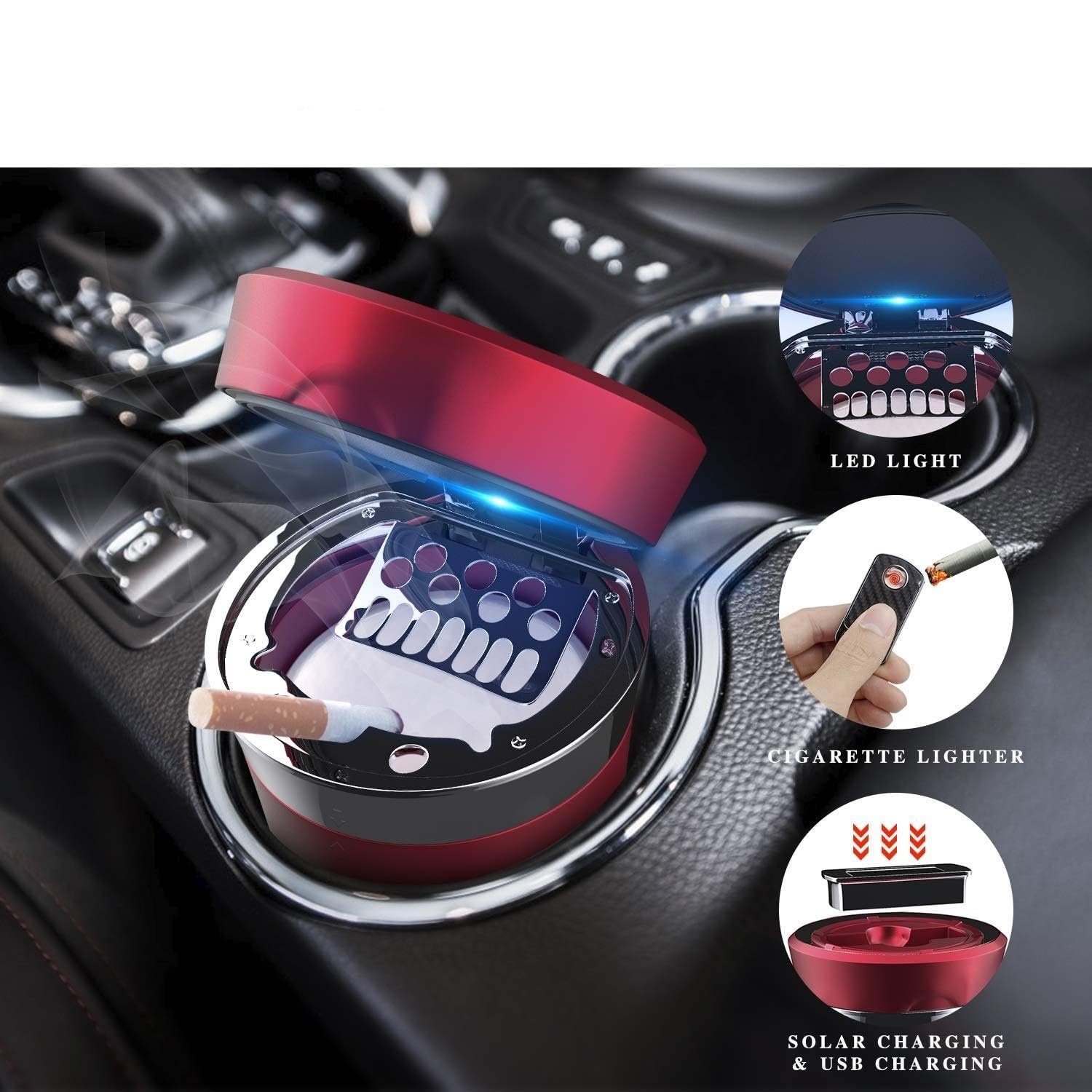 Car Ashtray Electronic Cigarette Lighter Detachable Solar Powered/USB Rechargeable with Lid Blue LED Light For Most Car Cup Holder (Red) Image 
