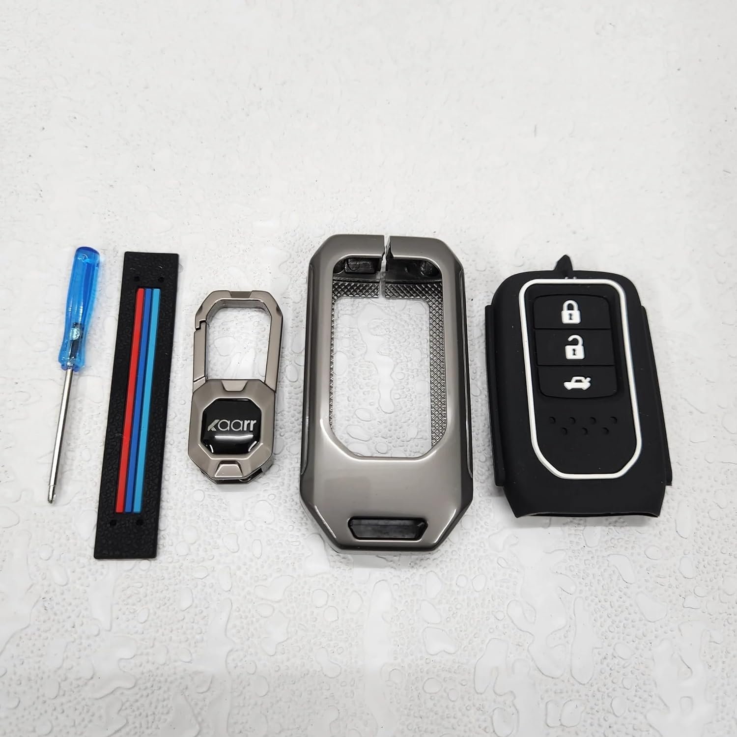 Metal Car Key Case Cover Compatible with Hon-da City, Civic, Jazz, Amaze, CR-V, WR-V, BR-V Smart Key (Push Button Start Models Premium Metal Alloy Keycase with Holder & Rope Chain Image 