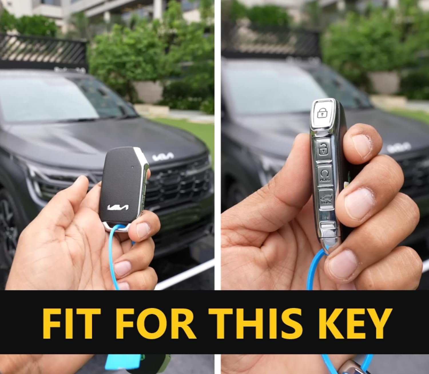 Carbon Fiber ABS Key Cover Compatible with Kia Seltos 2023 Facelift HTX, Carens X Line 4 Button Smart Key (Key Chain Included) Image 